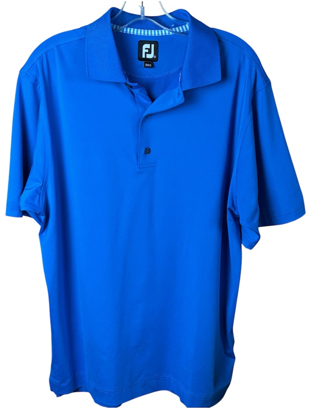 Men's large royal blue FJ short-sleeve polo shirt in soft polyester and spandex.